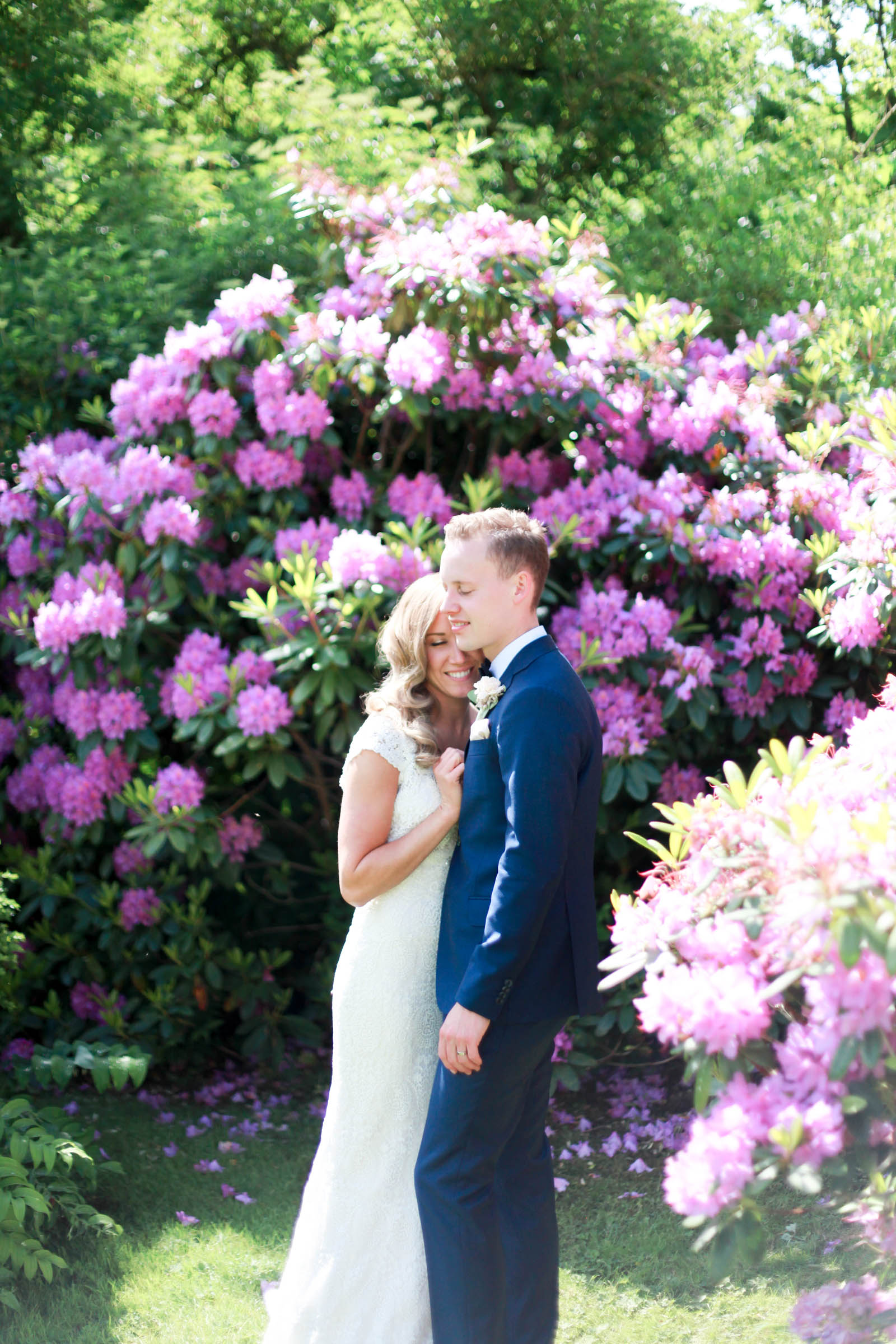 wedding couple in sweden in front of purple flowers
