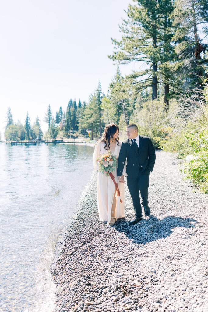 couple posing in lake tahoe for their bridal portraits 